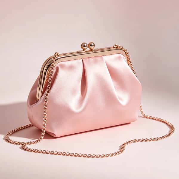 Soft Pink Satin Ruched Kiss-Lock Clutch